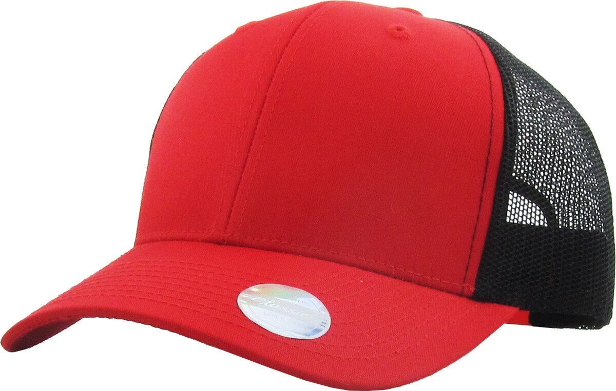 Red Black Two Tone Classic 6 Panel Trucker Mesh Snapback Front Side View